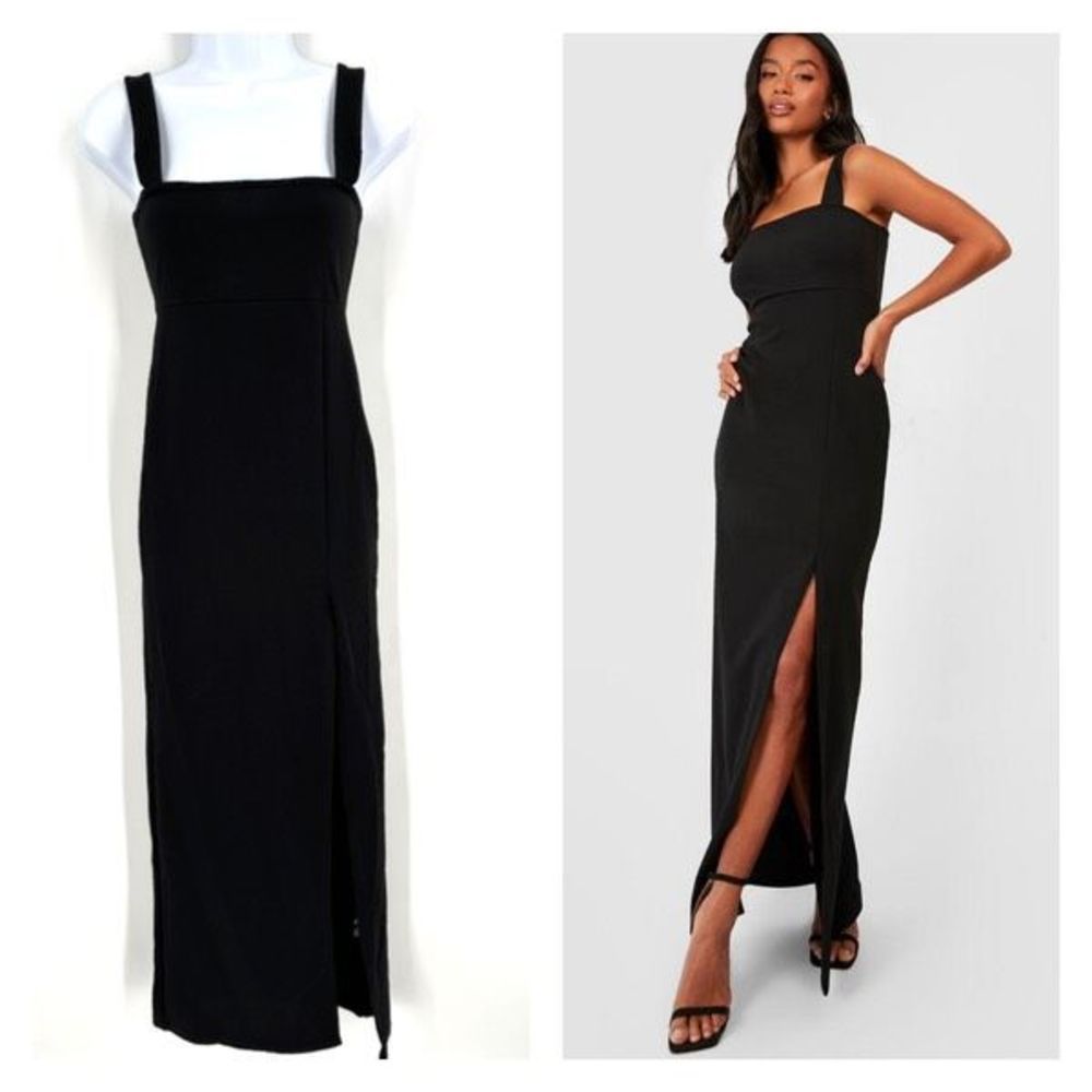 NWT Boohoo Black Square Neck Split Maxi Dress Size 2 petite Sexy Cocktail Party